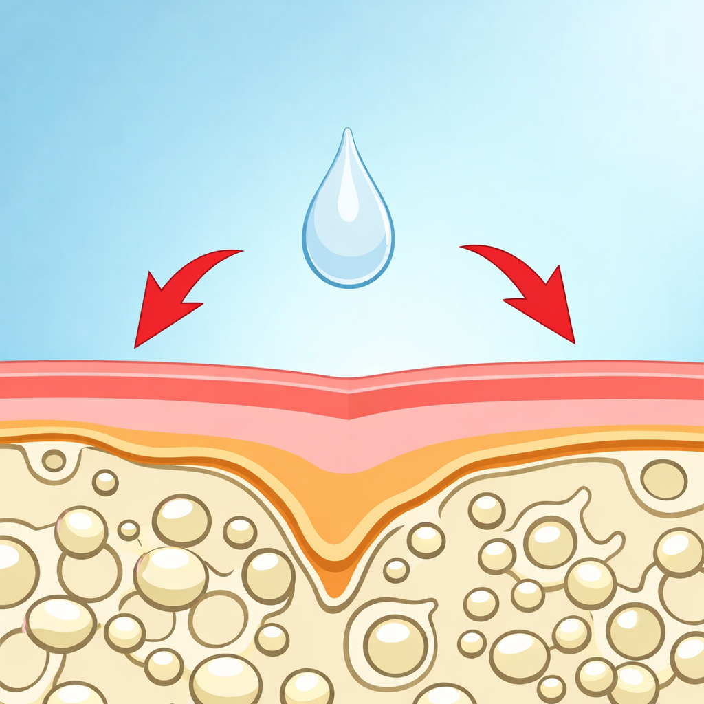 Schemenzeichnung von einem Wirkstoff auf der Haut mit den unterschiedlichen Hautschichten